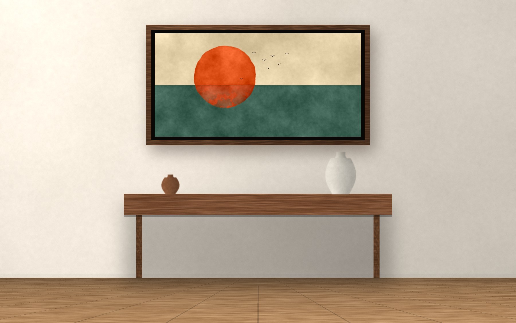Crimson Sun Over Still Water in a walnut floater frame above a console